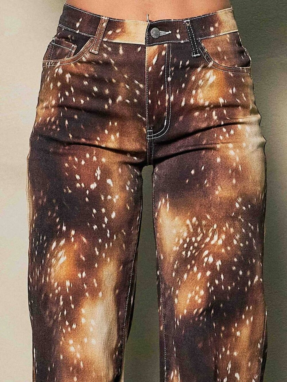NWT Vibrant M.i.U. Bambi Deer Print Wide Leg Jeans Brown Fawn - Picture 6 of 7